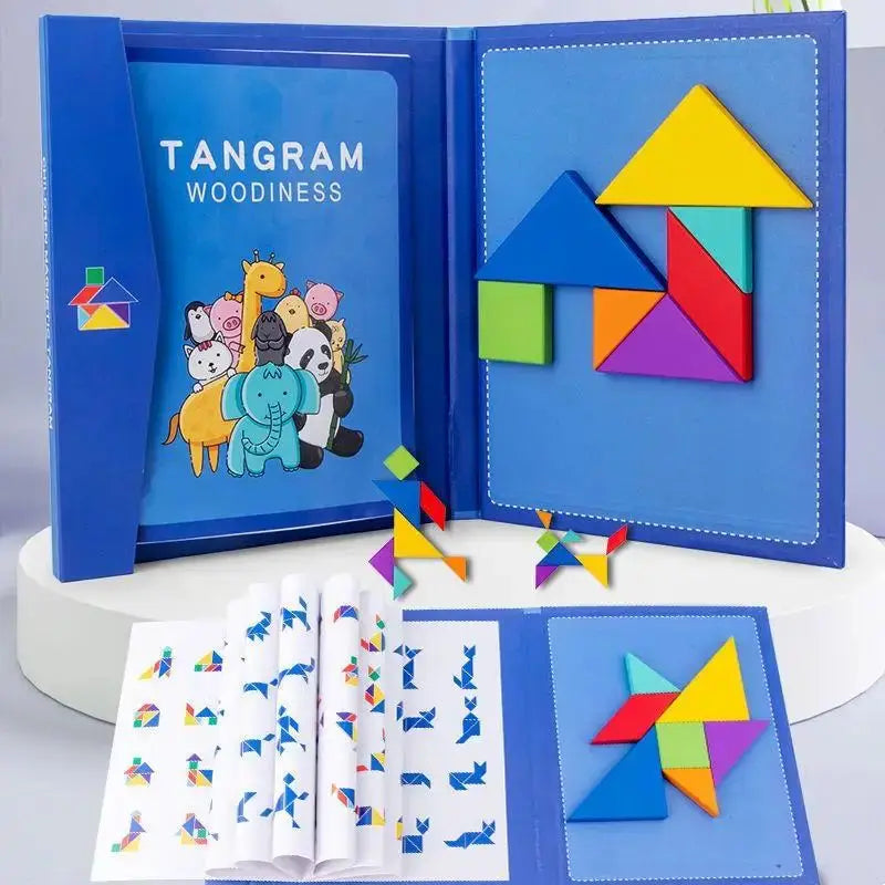 Wooden Magnetic Tangram Book – Montessori Educational Toy  كتاب تانجرام خشبي مغناطيسي – لعبة تعليمية للأطفال
