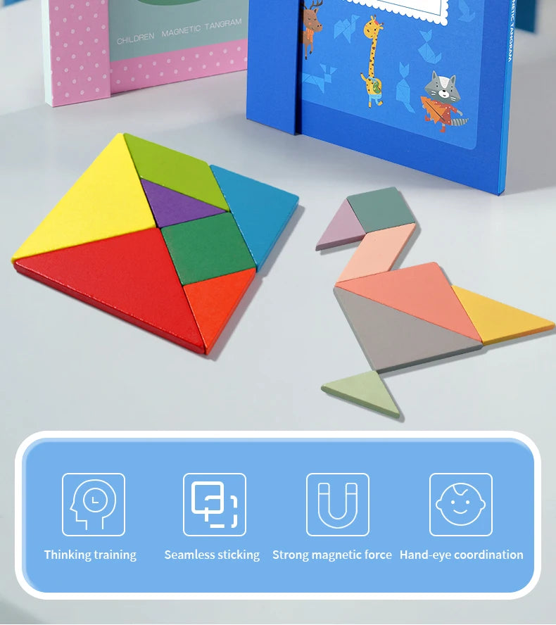 Wooden Magnetic Tangram Book – Montessori Educational Toy  كتاب تانجرام خشبي مغناطيسي – لعبة تعليمية للأطفال