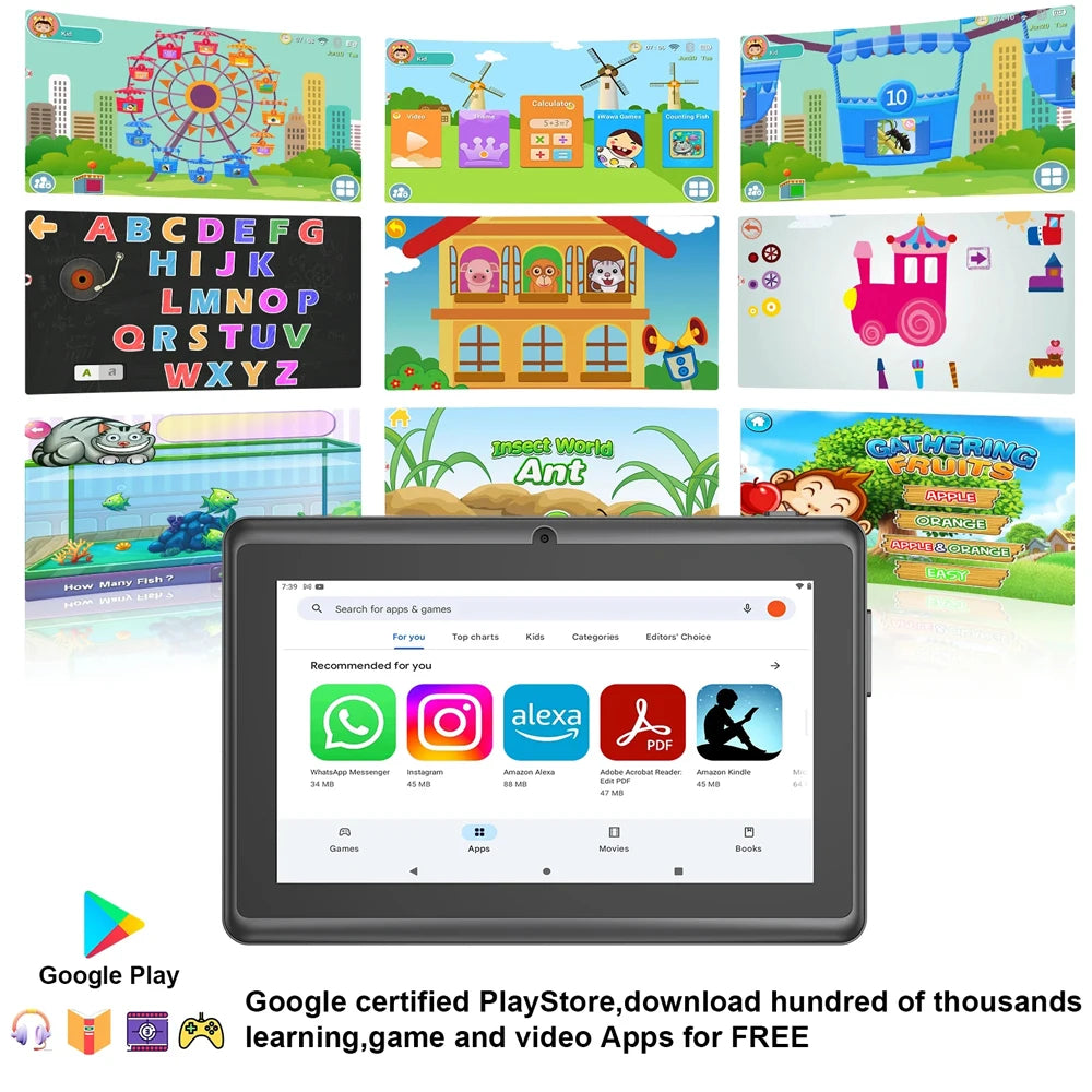 2025 New 7 Inch Kids Tablet with Cartoon Proof Case 5G WiFi Google Learning Education Tablet PC 4GB RAM 64GB ROM 4000mAh