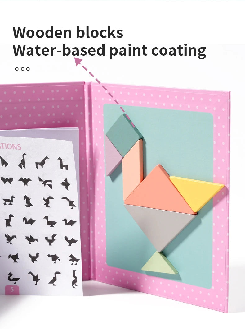 Wooden Magnetic Tangram Book – Montessori Educational Toy  كتاب تانجرام خشبي مغناطيسي – لعبة تعليمية للأطفال