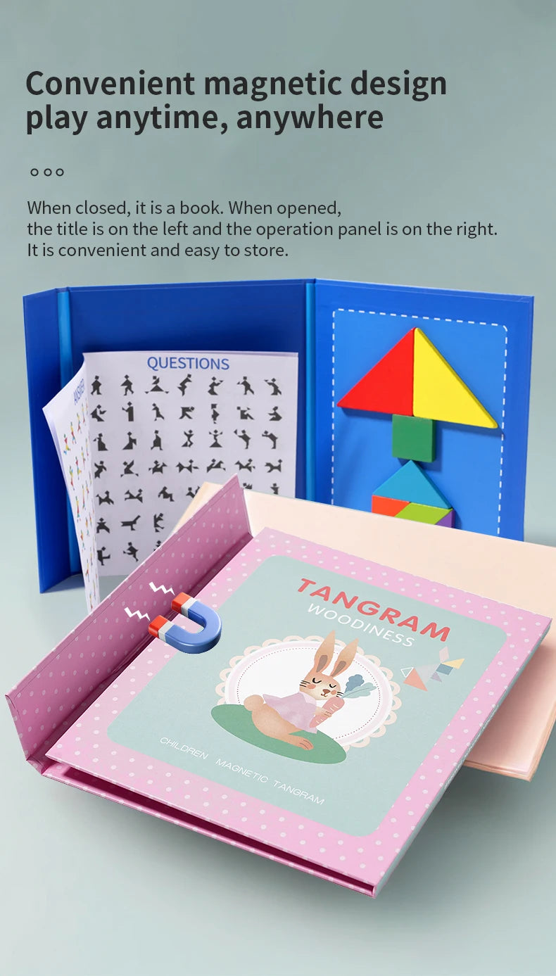 Wooden Magnetic Tangram Book – Montessori Educational Toy  كتاب تانجرام خشبي مغناطيسي – لعبة تعليمية للأطفال