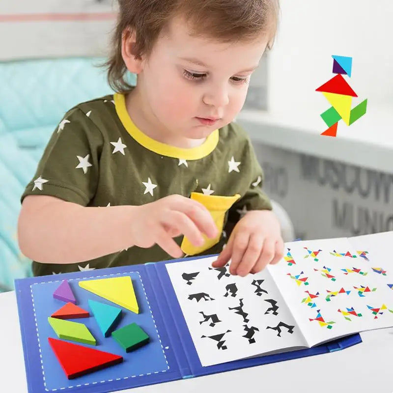Wooden Magnetic Tangram Book – Montessori Educational Toy  كتاب تانجرام خشبي مغناطيسي – لعبة تعليمية للأطفال